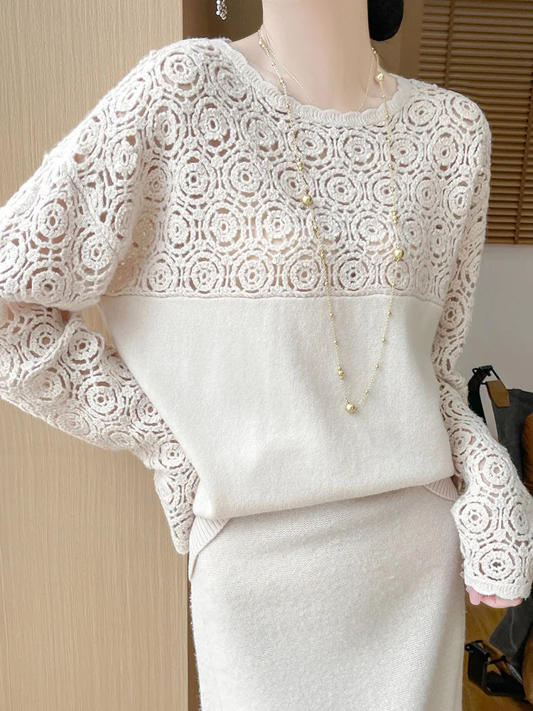 Cashmere O-Neck Pullover Long Sleeve Knitted Top Hollowed Out Jacquard Outerwear Sweater