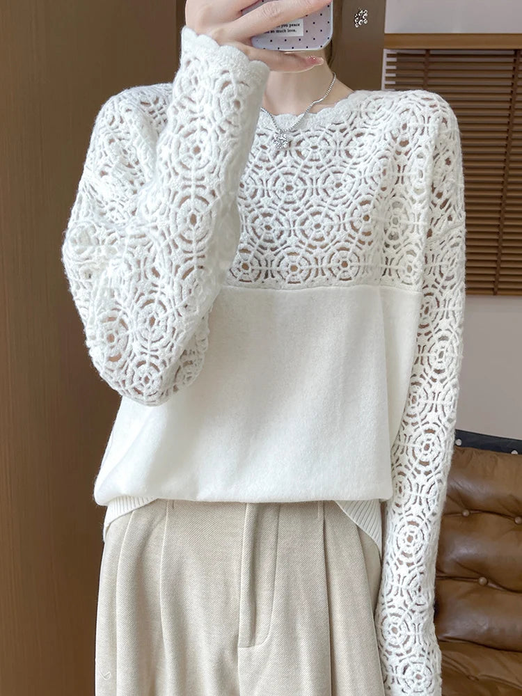 Cashmere O-Neck Pullover Long Sleeve Knitted Top Hollowed Out Jacquard Outerwear Sweater