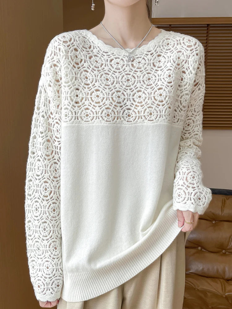 Cashmere O-Neck Pullover Long Sleeve Knitted Top Hollowed Out Jacquard Outerwear Sweater
