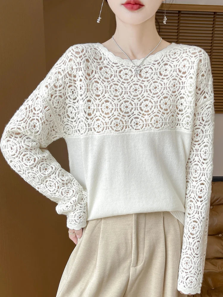 Cashmere O-Neck Pullover Long Sleeve Knitted Top Hollowed Out Jacquard Outerwear Sweater