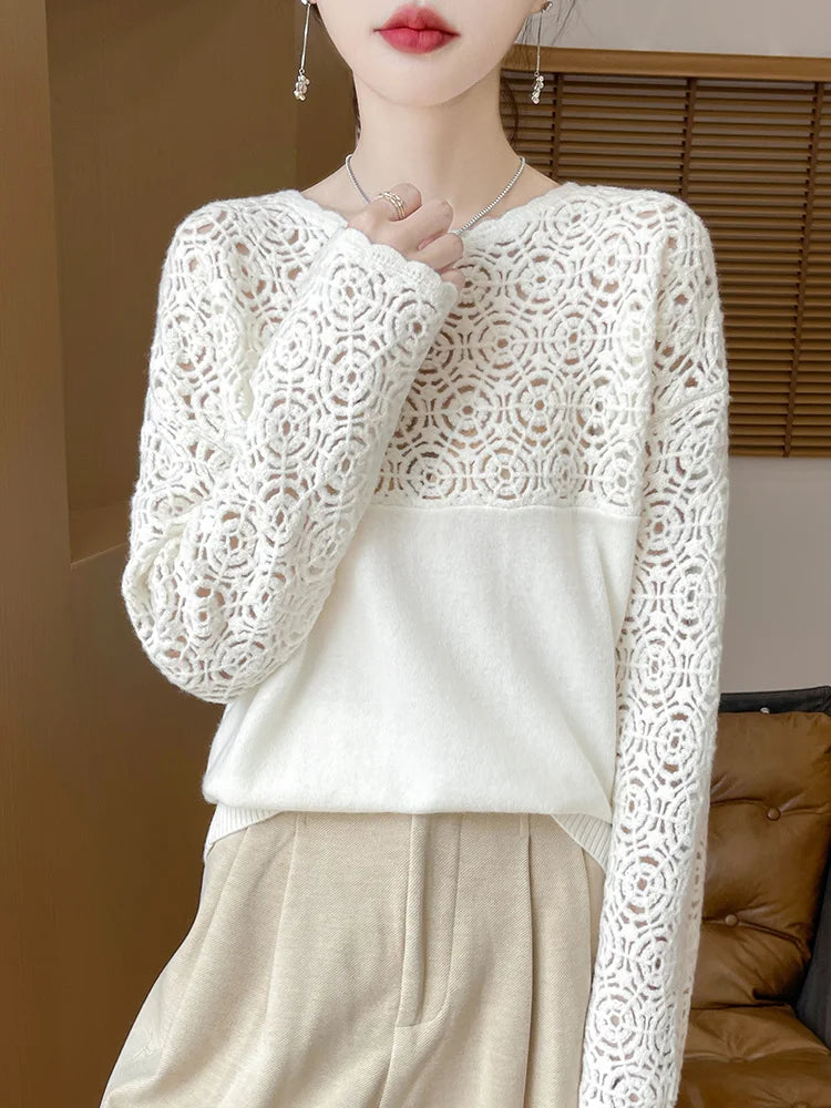 Cashmere O-Neck Pullover Long Sleeve Knitted Top Hollowed Out Jacquard Outerwear Sweater