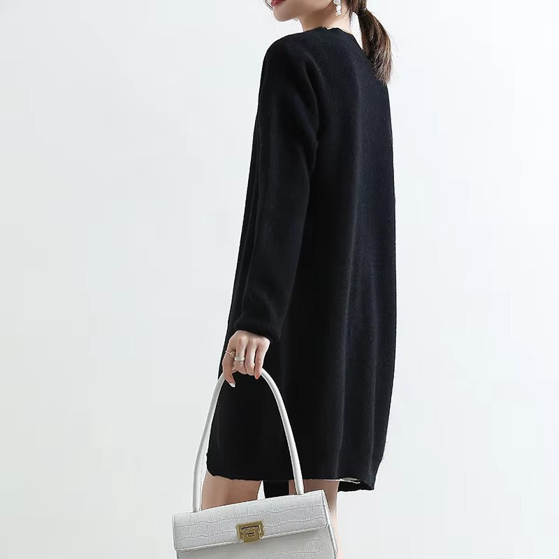 Cashmere V-neck loose long sleeve solid color knitted long sweater