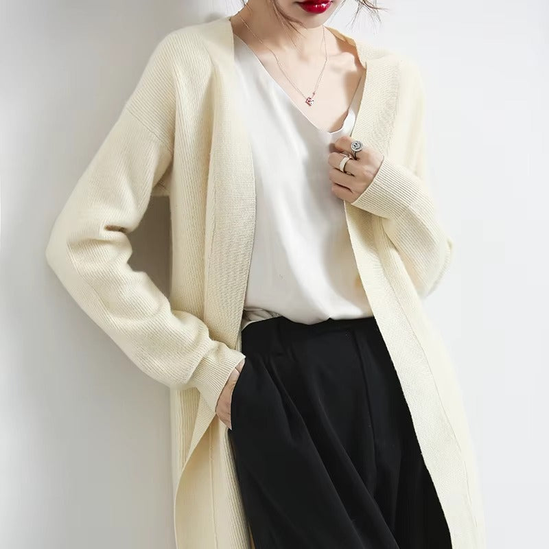 Cashmere V-neck loose long sleeve solid color knitted long sweater
