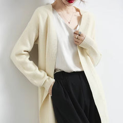 Cashmere V-neck loose long sleeve solid color knitted long sweater