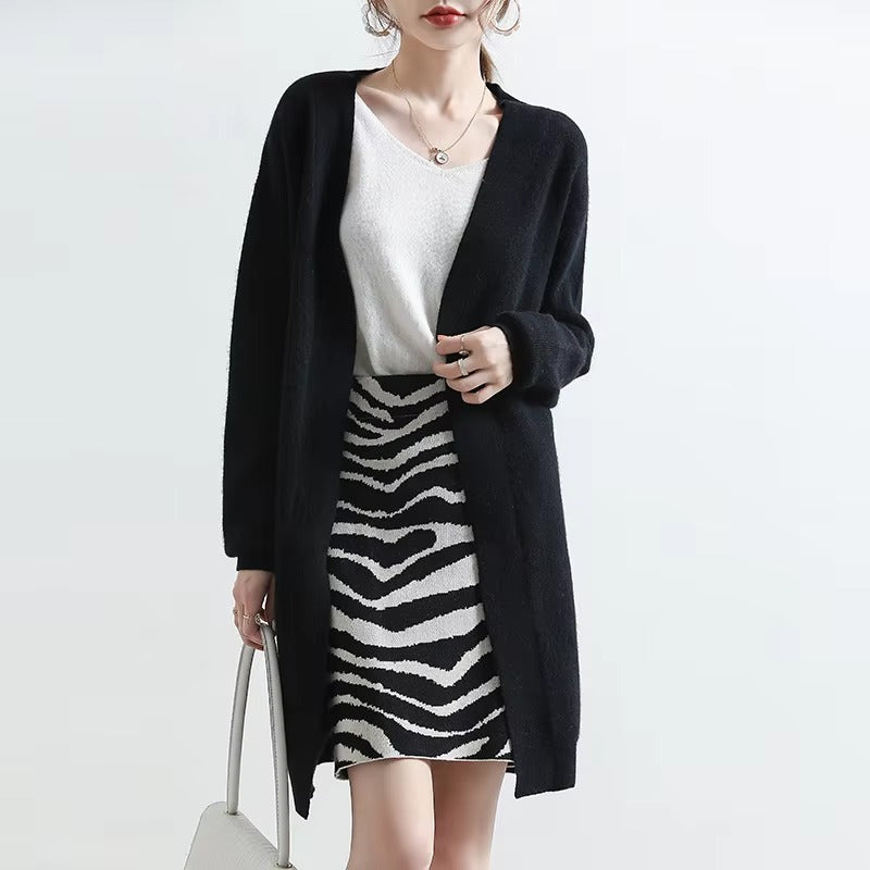 Cashmere V-neck loose long sleeve solid color knitted long sweater