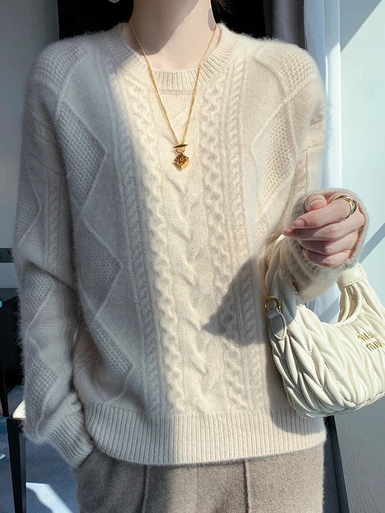 Cashmere Wool Pullover O-Neck Twist Flower Knitwear Quality Soft Warm Jumper Sweater