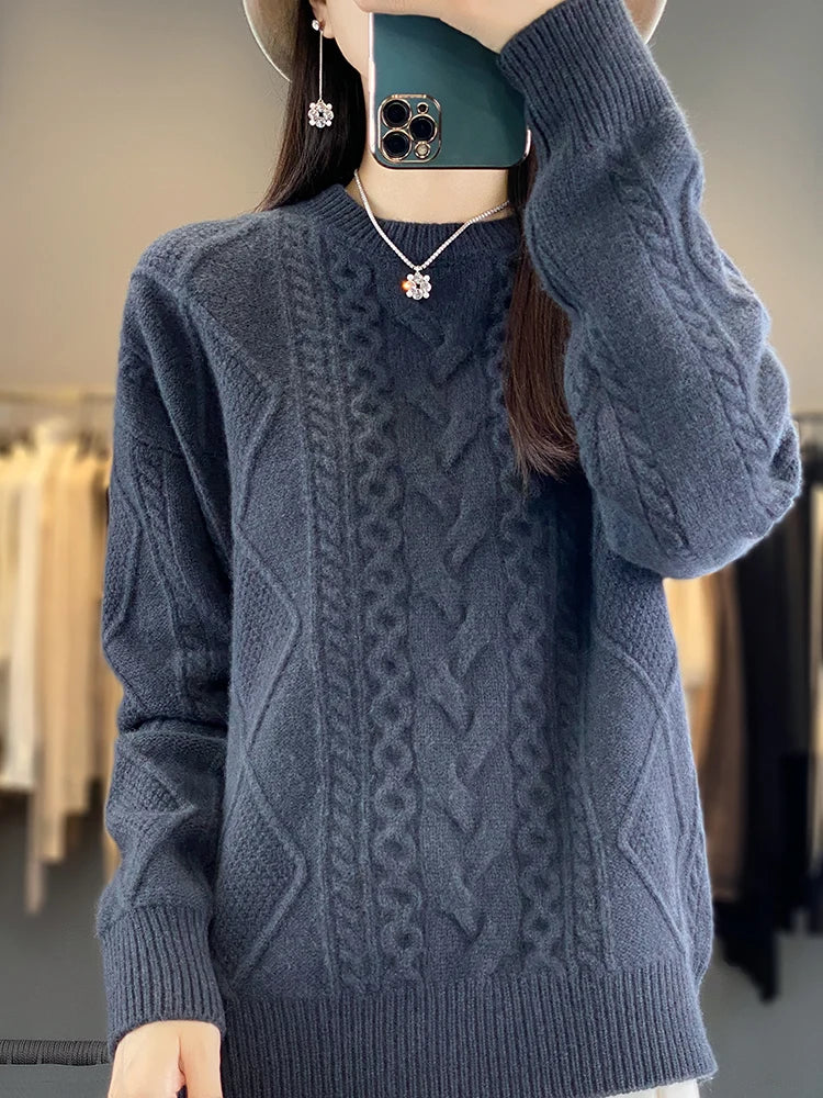 Cashmere Wool Pullover O-Neck Twist Flower Knitwear Quality Soft Warm Jumper Sweater