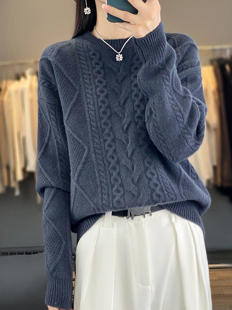 Cashmere Wool Pullover O-Neck Twist Flower Knitwear Quality Soft Warm Jumper Sweater