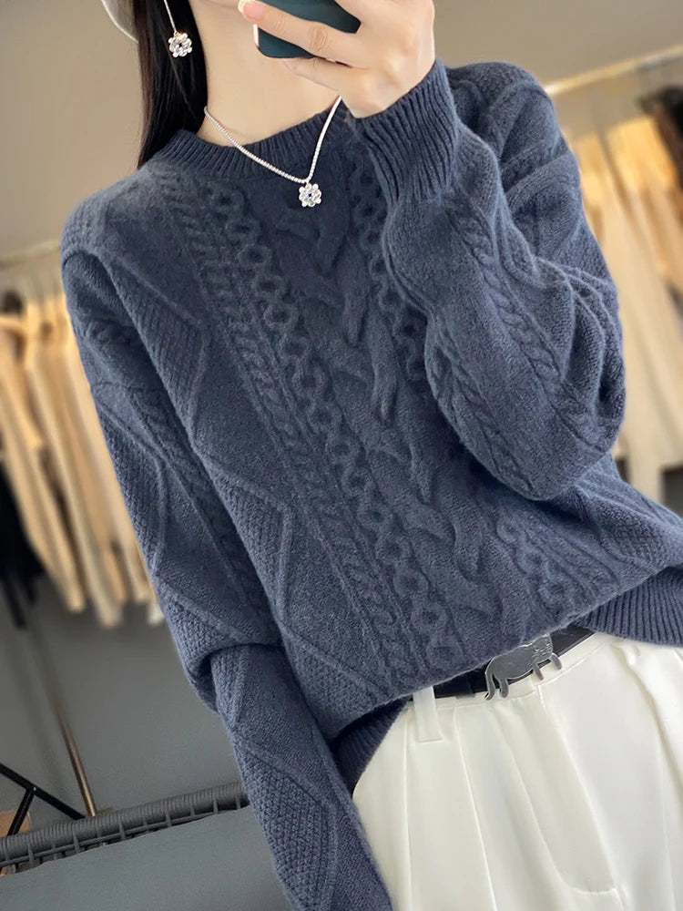 Cashmere Wool Pullover O-Neck Twist Flower Knitwear Quality Soft Warm Jumper Sweater