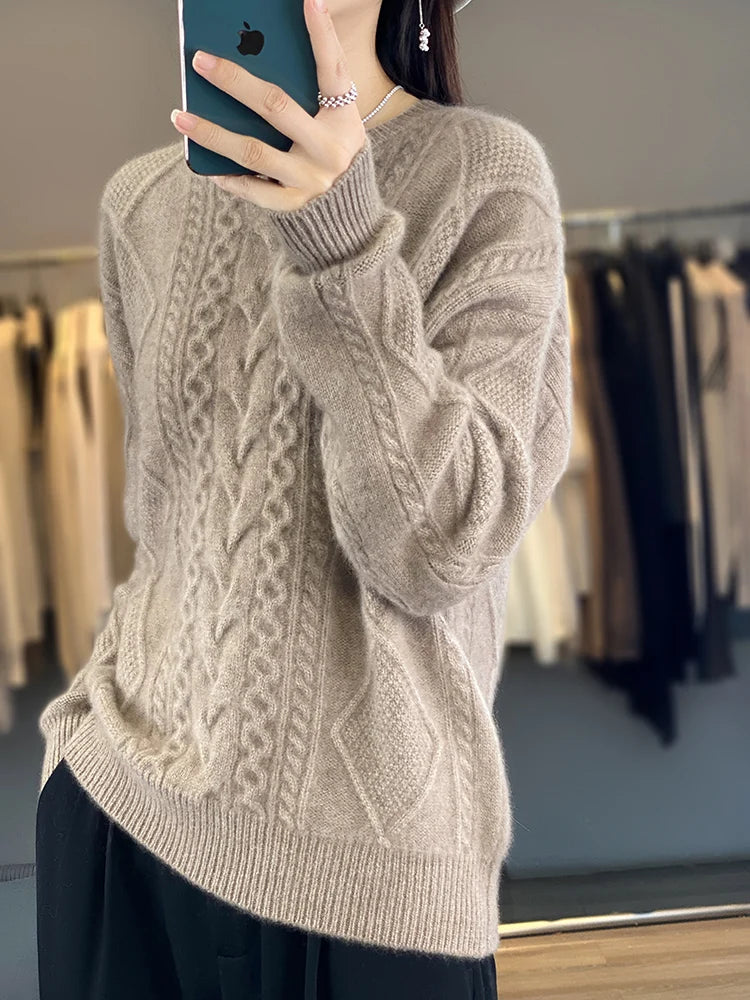 Cashmere Wool Pullover O-Neck Twist Flower Knitwear Quality Soft Warm Jumper Sweater