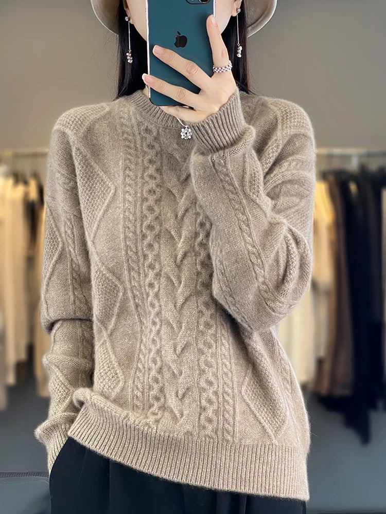 Cashmere Wool Pullover O-Neck Twist Flower Knitwear Quality Soft Warm Jumper Sweater