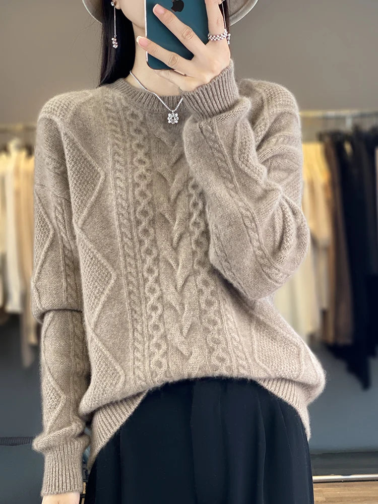 Cashmere Wool Pullover O-Neck Twist Flower Knitwear Quality Soft Warm Jumper Sweater