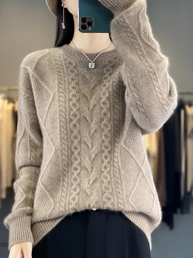 Cashmere Wool Pullover O-Neck Twist Flower Knitwear Quality Soft Warm Jumper Sweater
