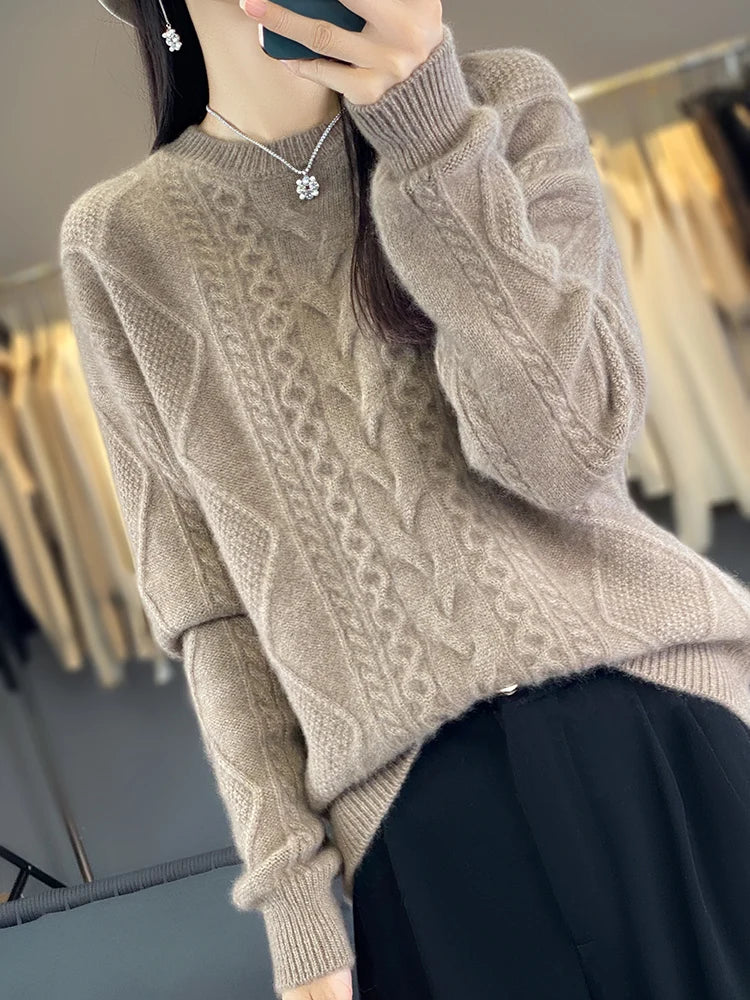 Cashmere Wool Pullover O-Neck Twist Flower Knitwear Quality Soft Warm Jumper Sweater