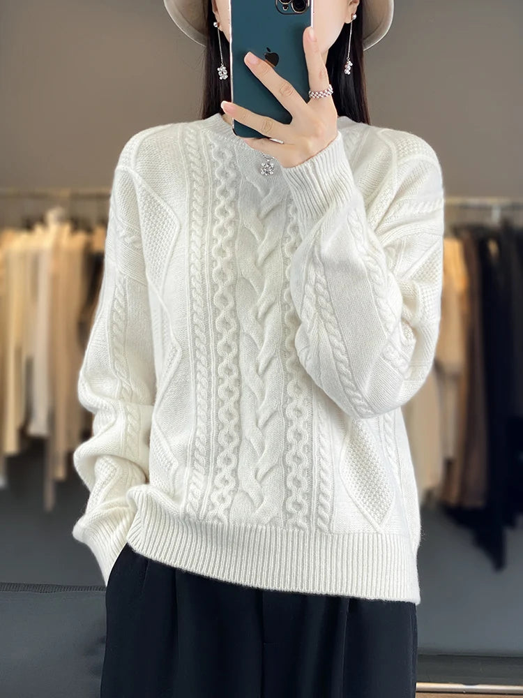 Cashmere Wool Pullover O-Neck Twist Flower Knitwear Quality Soft Warm Jumper Sweater