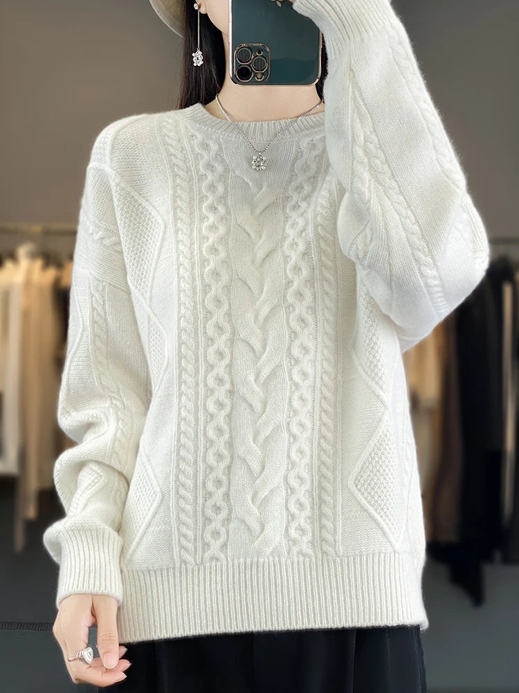 Cashmere Wool Pullover O-Neck Twist Flower Knitwear Quality Soft Warm Jumper Sweater