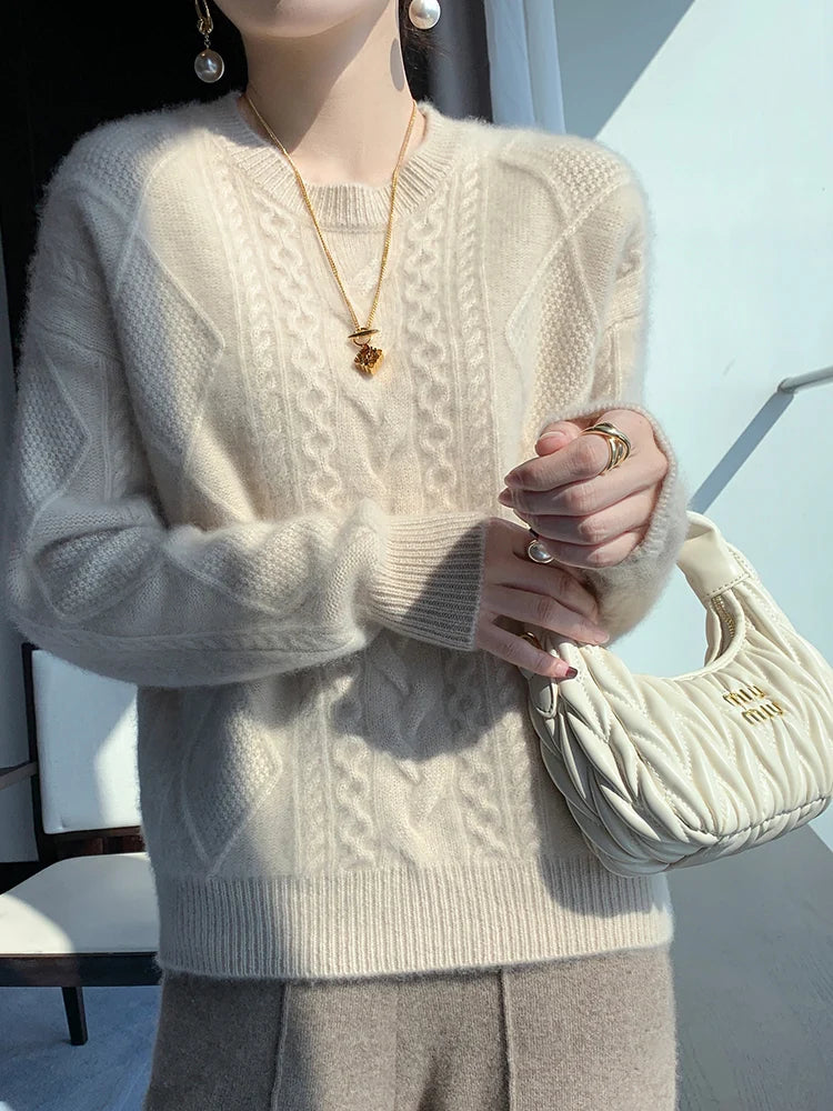 Cashmere Wool Pullover O-Neck Twist Flower Knitwear Quality Soft Warm Jumper Sweater