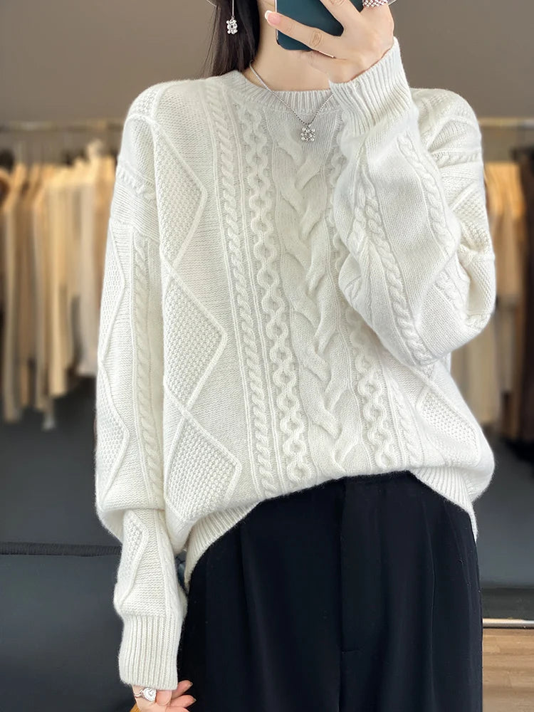 Cashmere Wool Pullover O-Neck Twist Flower Knitwear Quality Soft Warm Jumper Sweater