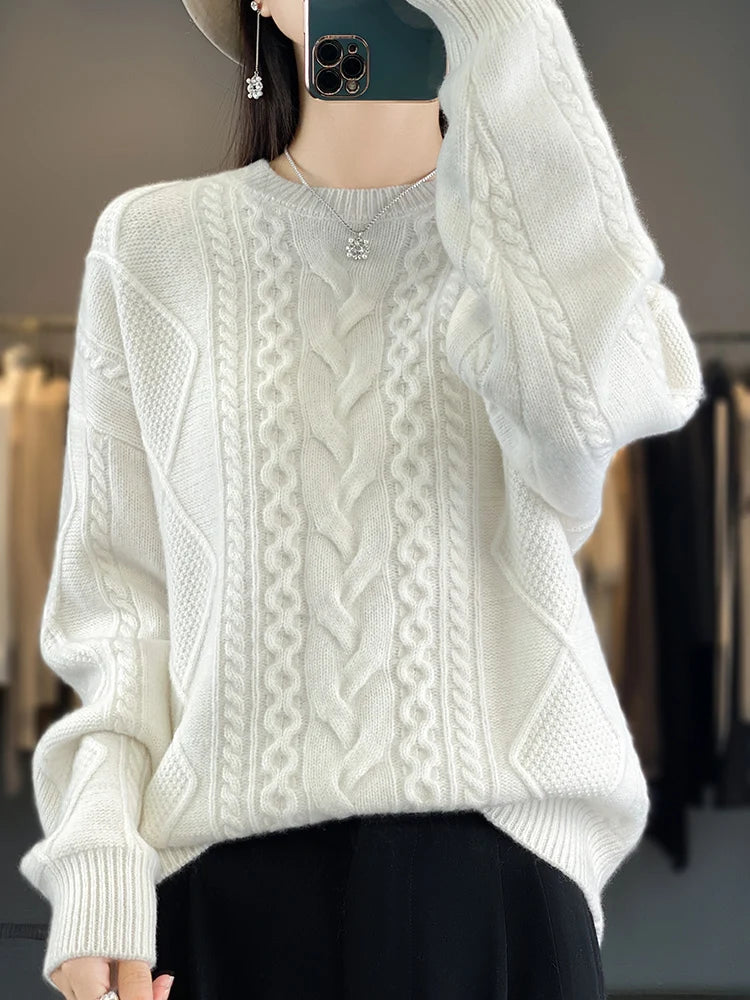 Cashmere Wool Pullover O-Neck Twist Flower Knitwear Quality Soft Warm Jumper Sweater