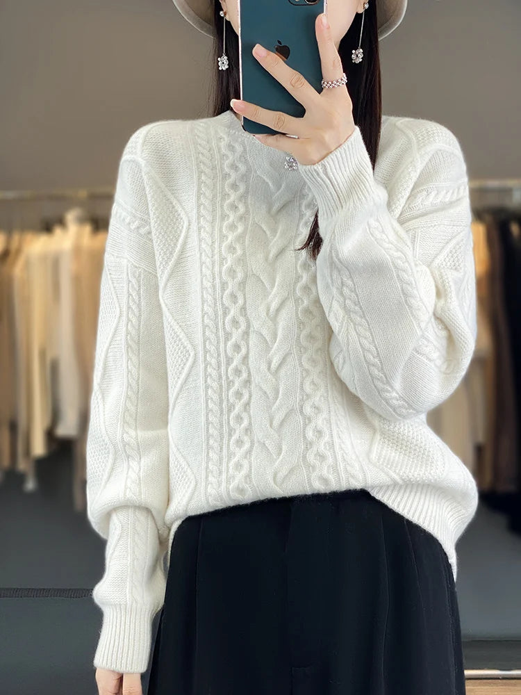 Cashmere Wool Pullover O-Neck Twist Flower Knitwear Quality Soft Warm Jumper Sweater