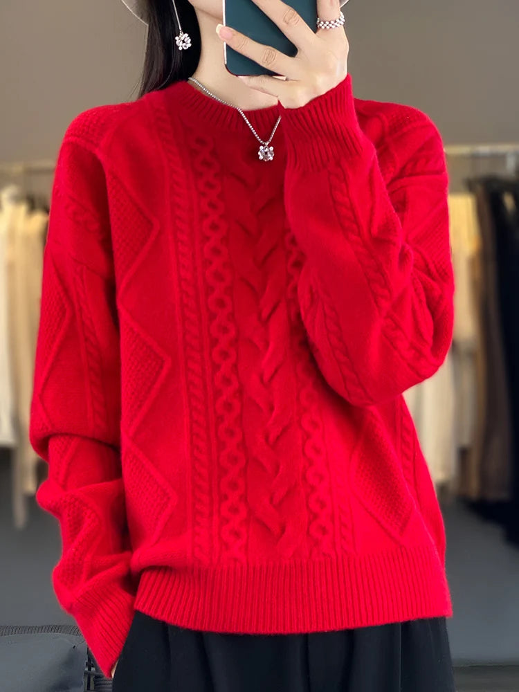 Cashmere Wool Pullover O-Neck Twist Flower Knitwear Quality Soft Warm Jumper Sweater
