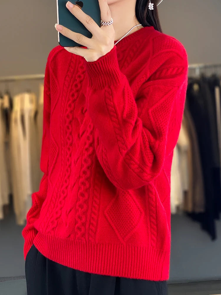 Cashmere Wool Pullover O-Neck Twist Flower Knitwear Quality Soft Warm Jumper Sweater