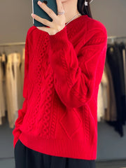 Cashmere Wool Pullover O-Neck Twist Flower Knitwear Quality Soft Warm Jumper Sweater