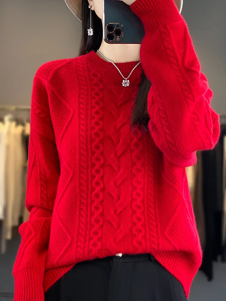 Cashmere Wool Pullover O-Neck Twist Flower Knitwear Quality Soft Warm Jumper Sweater