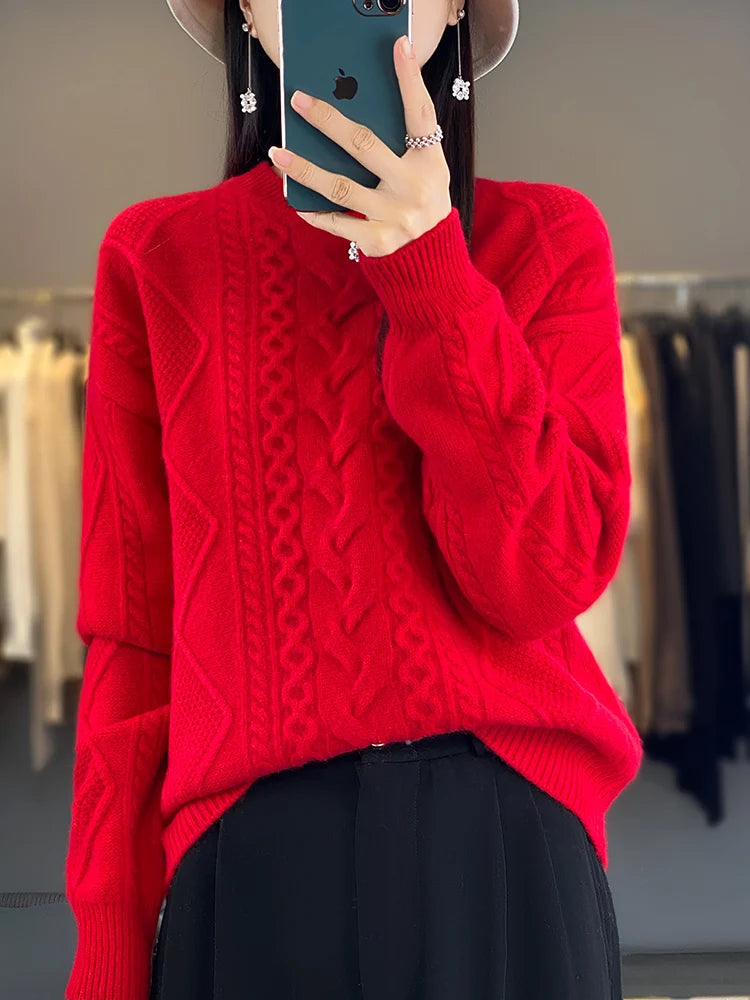 Cashmere Wool Pullover O-Neck Twist Flower Knitwear Quality Soft Warm Jumper Sweater
