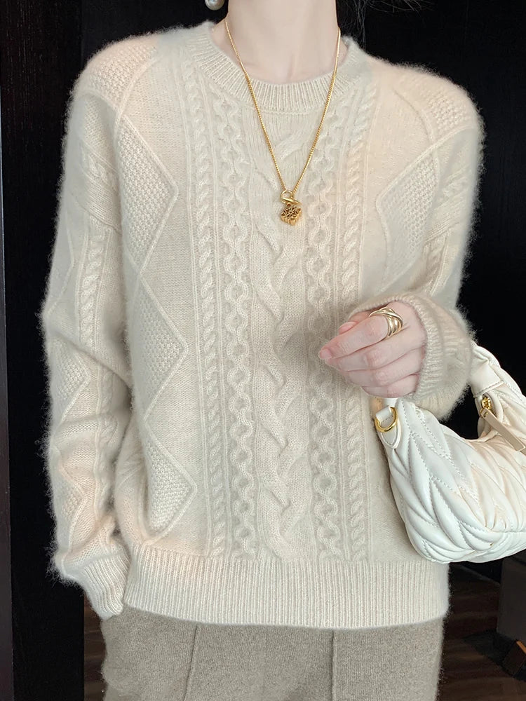 Cashmere Wool Pullover O-Neck Twist Flower Knitwear Quality Soft Warm Jumper Sweater