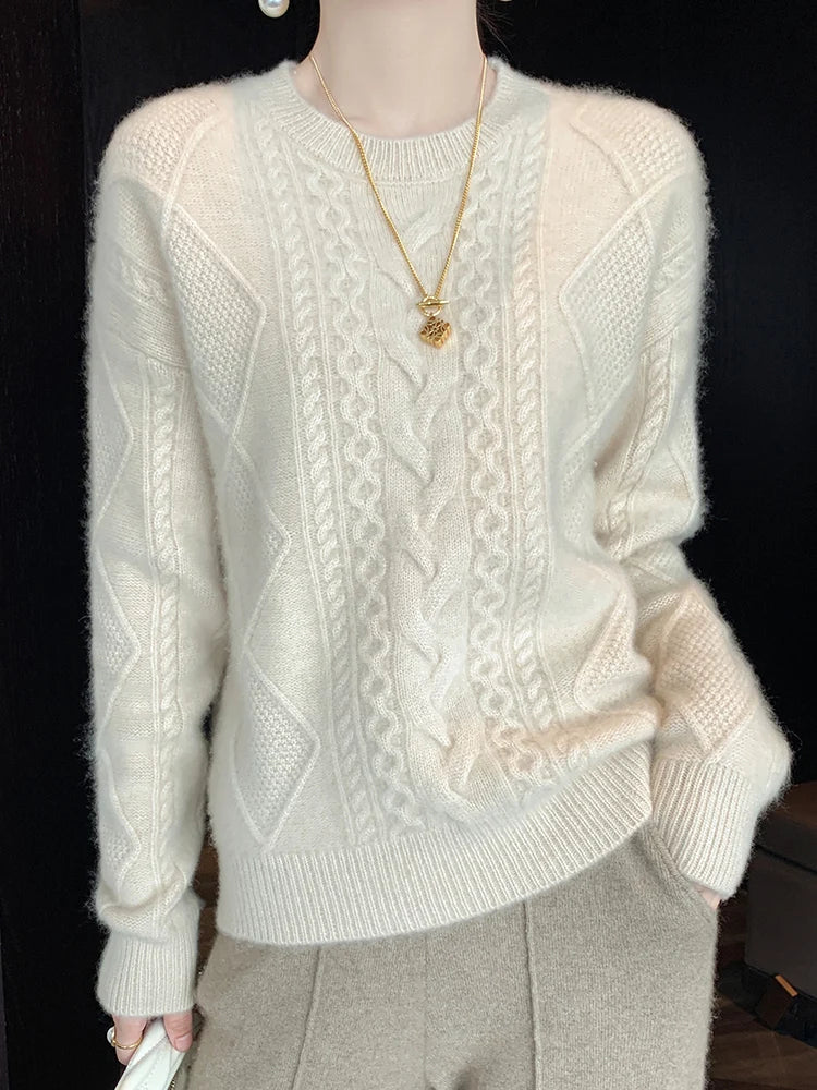 Cashmere Wool Pullover O-Neck Twist Flower Knitwear Quality Soft Warm Jumper Sweater