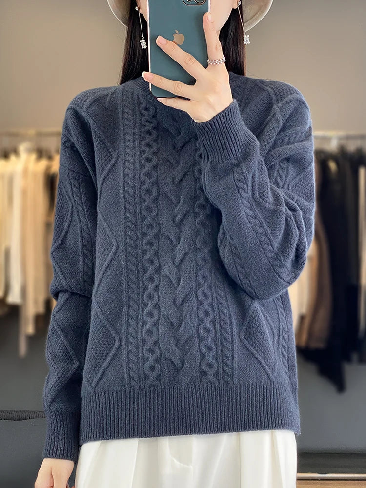 Cashmere Wool Pullover O-Neck Twist Flower Knitwear Quality Soft Warm Jumper Sweater