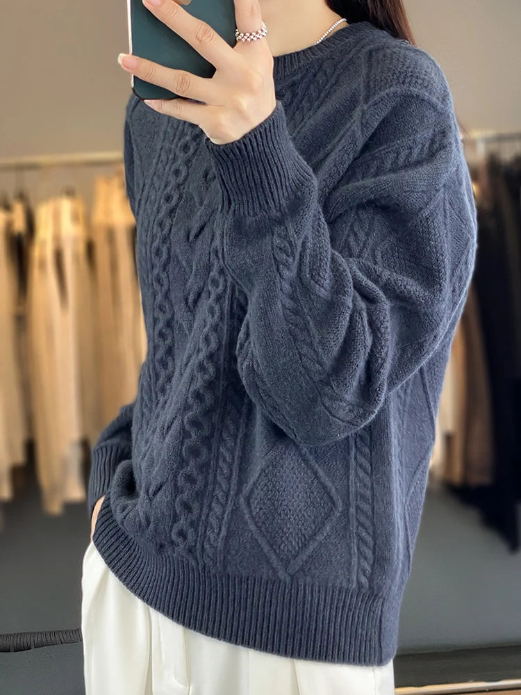 Cashmere Wool Pullover O-Neck Twist Flower Knitwear Quality Soft Warm Jumper Sweater