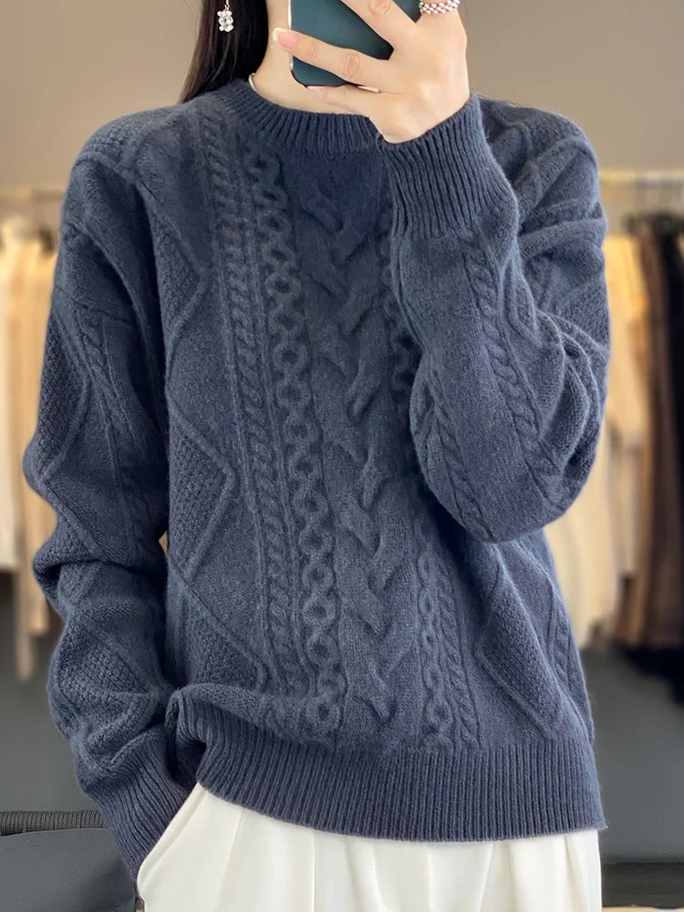 Cashmere Wool Pullover O-Neck Twist Flower Knitwear Quality Soft Warm Jumper Sweater