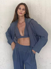 Casual Three Piece Set Hooded Tracksuit And Bra And Pants