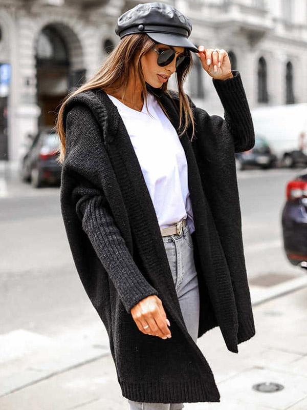 Casual Batwing Sleeves Hooded Open Front Solid Color Sweaters