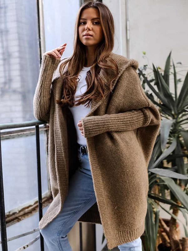 Casual Batwing Sleeves Hooded Open Front Solid Color Sweaters