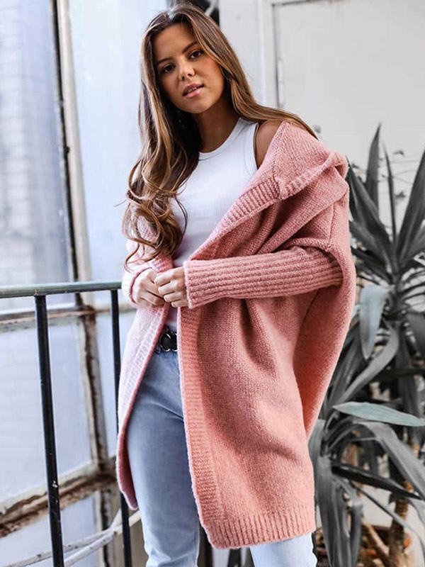 Casual Batwing Sleeves Hooded Open Front Solid Color Sweaters