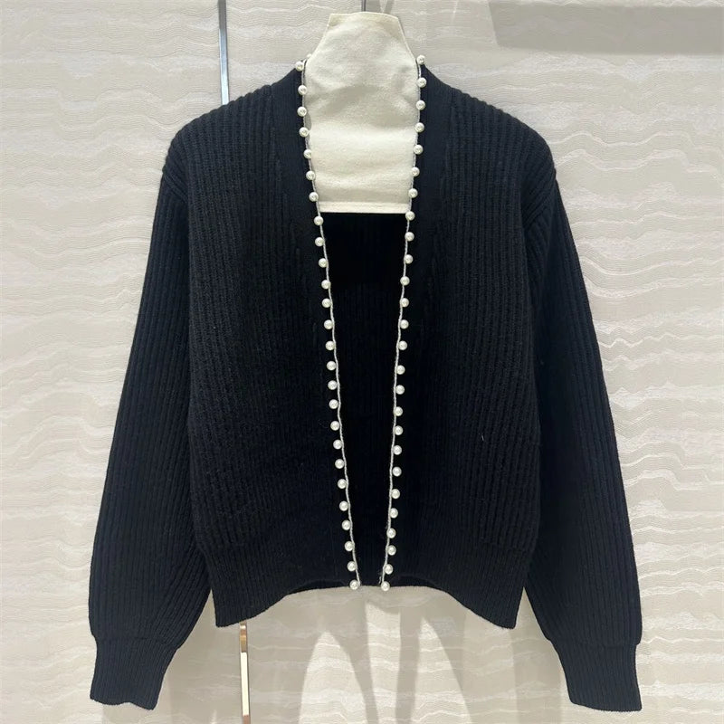 Casual Beading Pearl Decorative cashmere long sleeved outerwears Sweaters