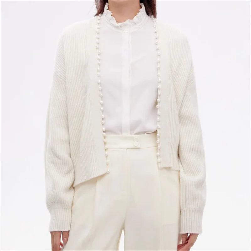 Casual Beading Pearl Decorative cashmere long sleeved outerwears Sweaters