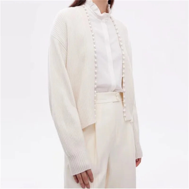 Casual Beading Pearl Decorative cashmere long sleeved outerwears Sweaters