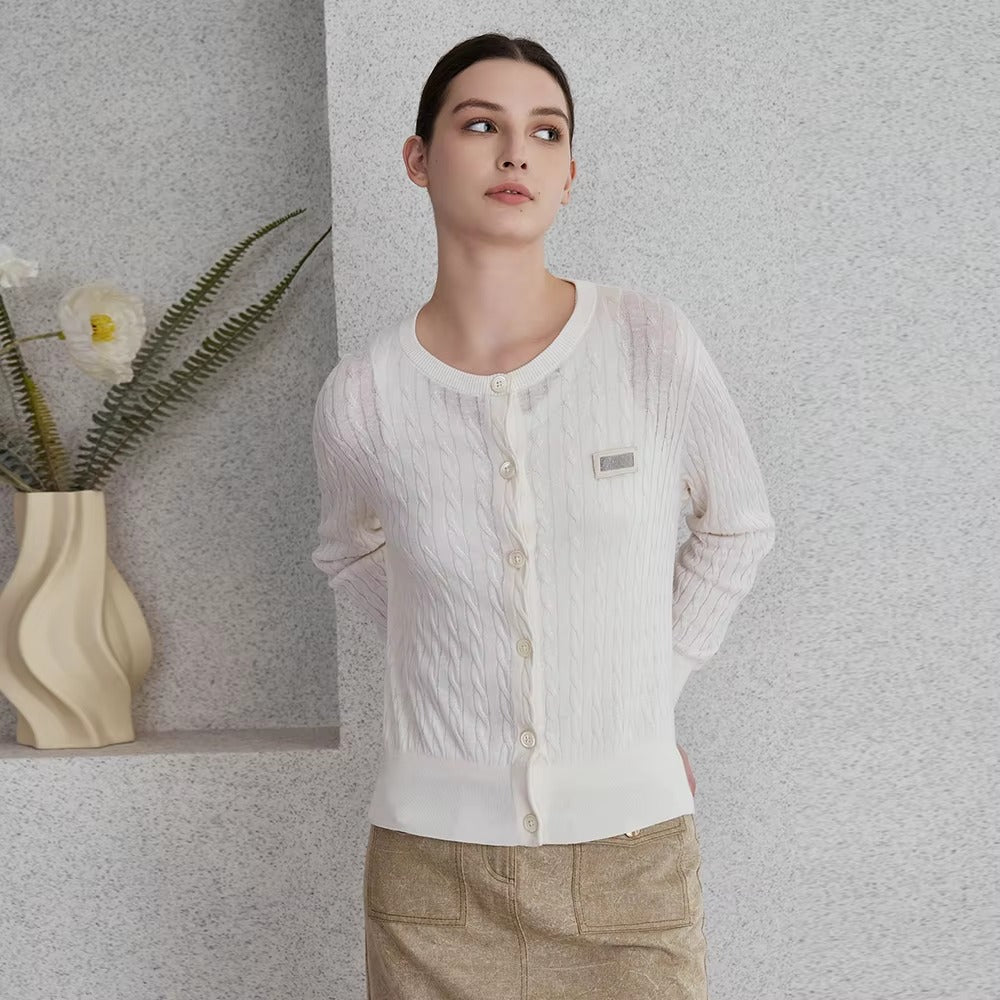 Casual Beading Silk Linen Knitted Single Breasted Cardigan Sweater