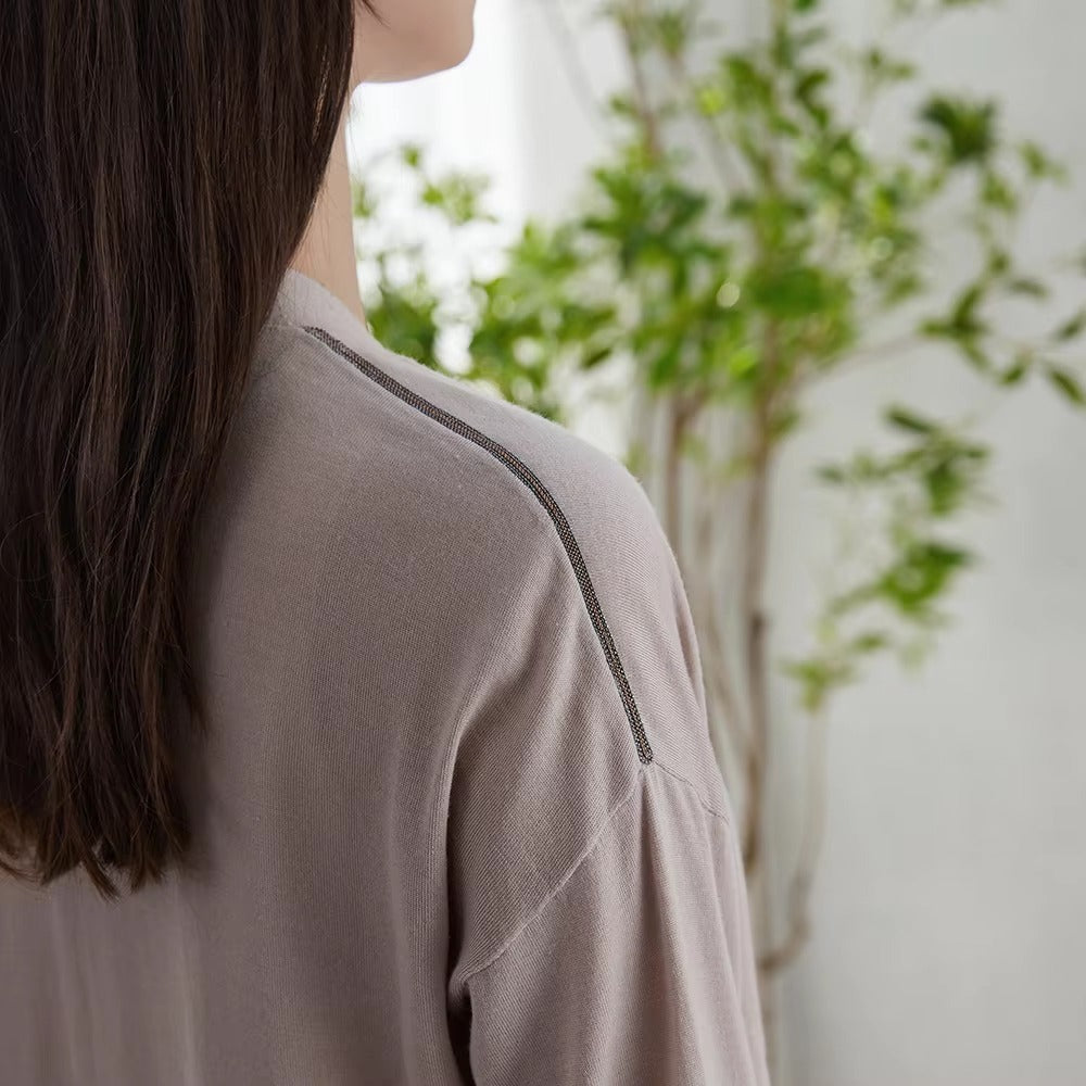 Casual Beading Single Breasted Long Sleeve Silk Wool Knitted Sweater