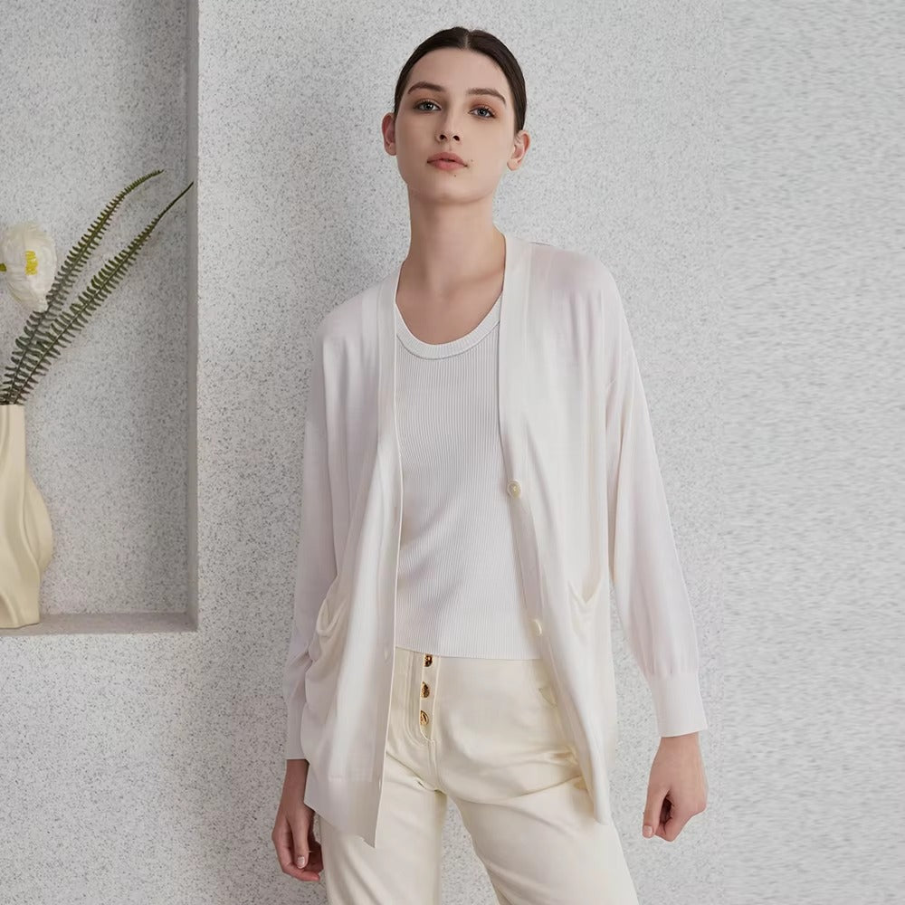 Casual Beading Single Breasted Long Sleeve Silk Wool Knitted Sweater