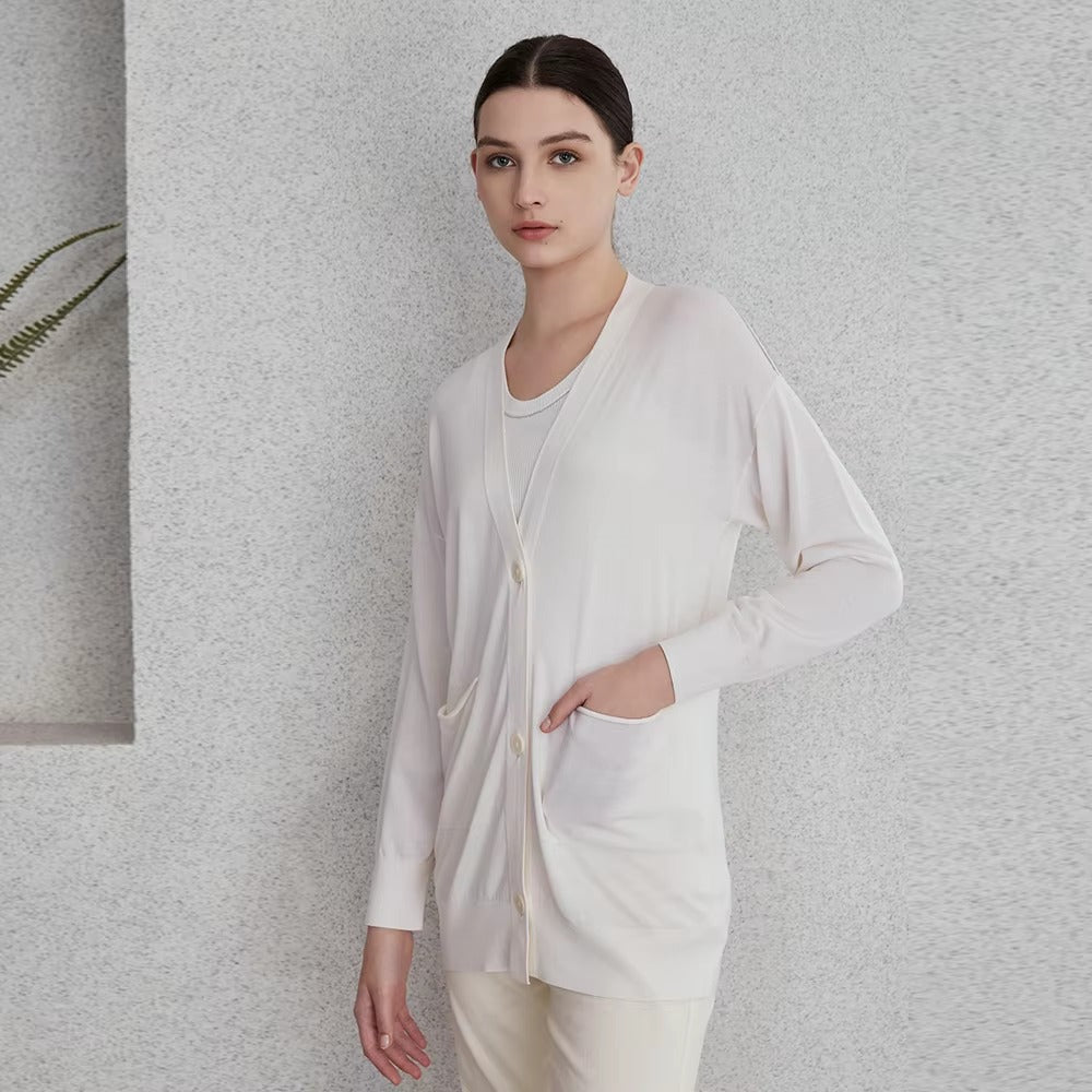 Casual Beading Single Breasted Long Sleeve Silk Wool Knitted Sweater
