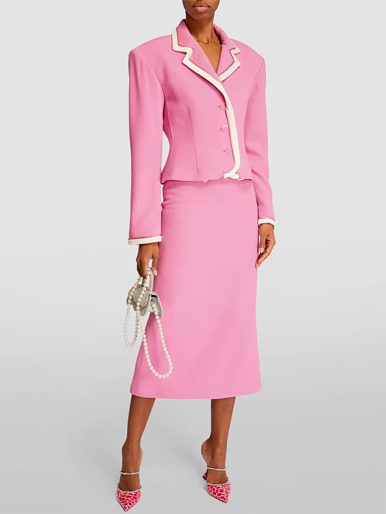 Casual Beading Slim Fitting Blazer Chains Midi Skirt Designer Suit Set