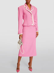 Casual Beading Slim Fitting Blazer Chains Midi Skirt Designer Suit Set