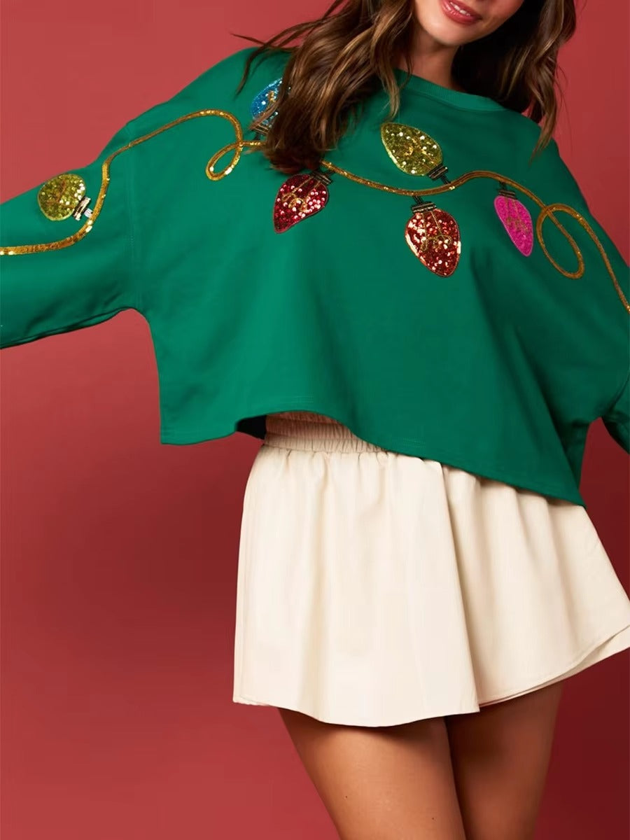 Casual Bell Sequin Long Sleeve Short Christmas Sweatshirt Tops