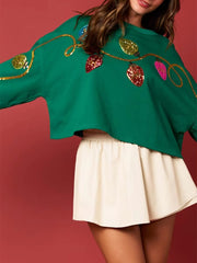 Casual Bell Sequin Long Sleeve Short Christmas Sweatshirt Tops