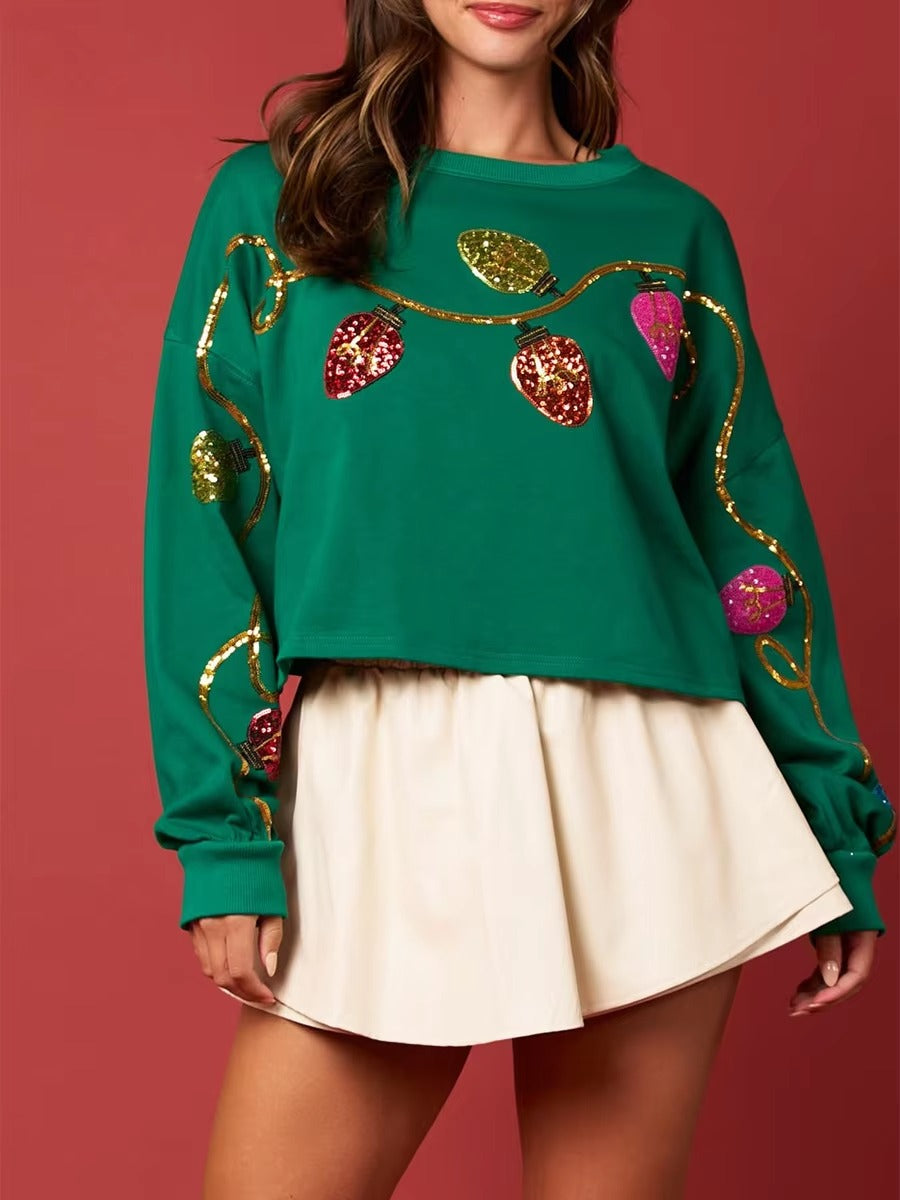 Casual Bell Sequin Long Sleeve Short Christmas Sweatshirt Tops
